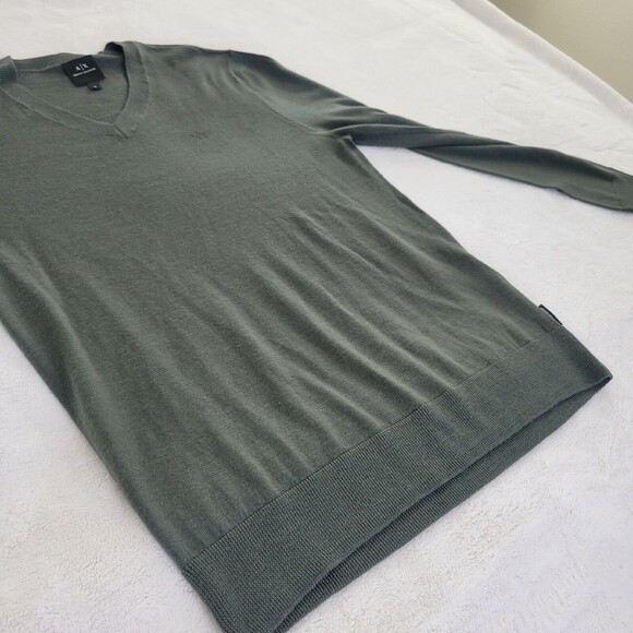 Armani Exchange Virgin Wool V-Neck Sweater Mens Med Green Preppy Lightweight - Picture 12 of 12